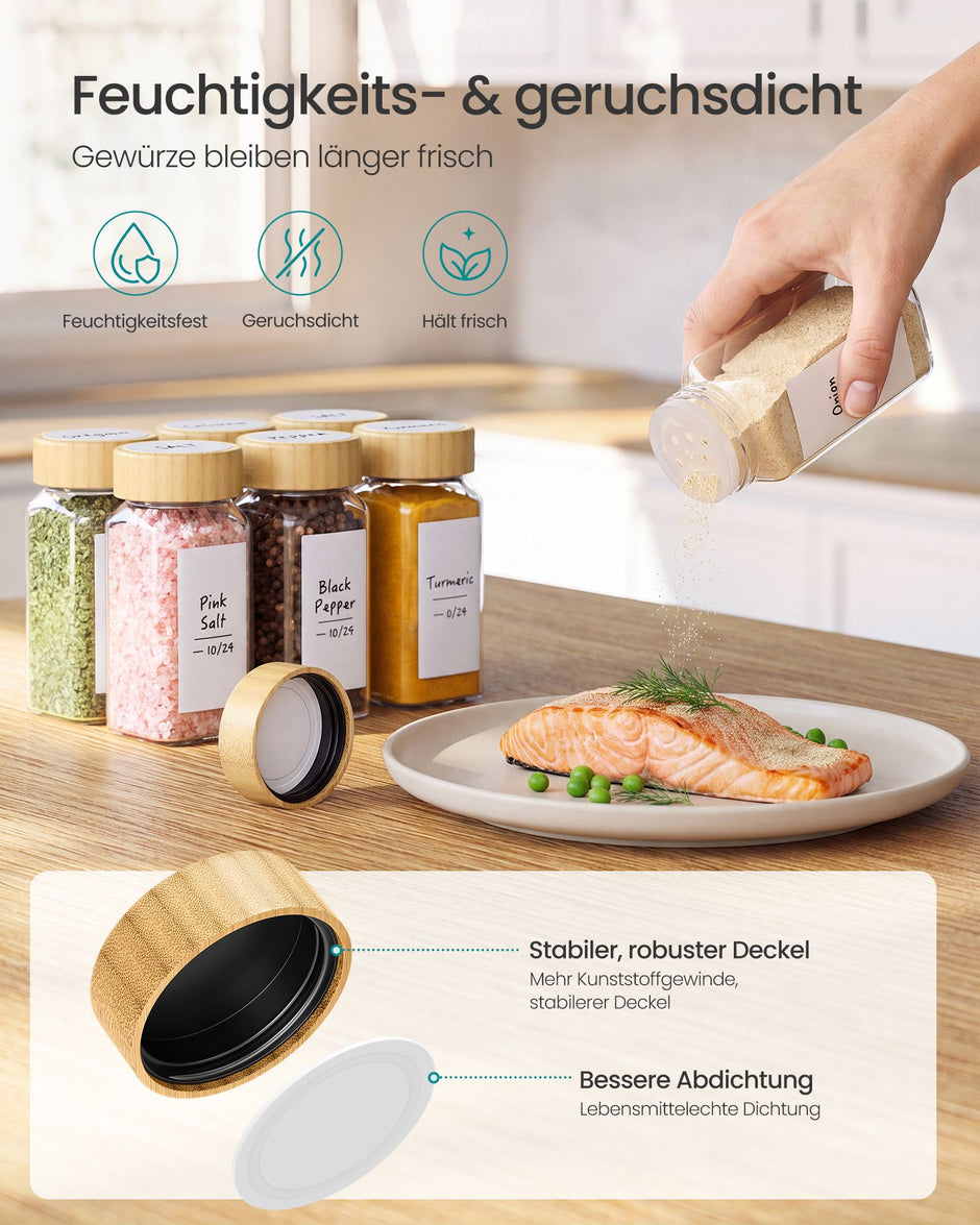 Kruidenpotjes Glas – Set van 12 – 120 ml – Met Strooideksel en Etiketten – Bamboe