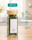 Kruidenpotjes Glas – Set van 12 – 120 ml – Met Strooideksel en Etiketten – Bamboe