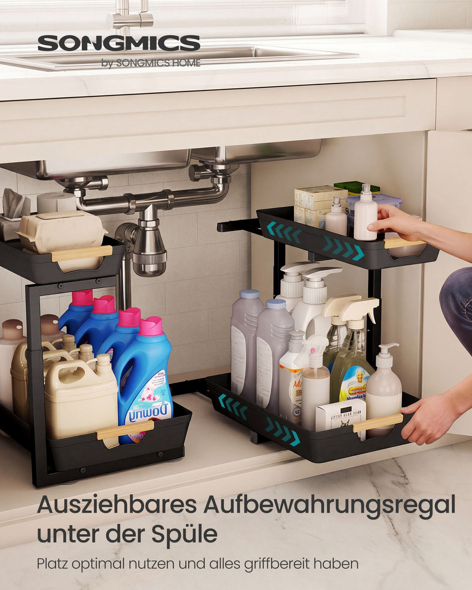 Gootsteenorganizer - L-vormig voor Onderkast - Uittrekbaar - Inktzwart - 40 x 29,5 x 41,5 cm