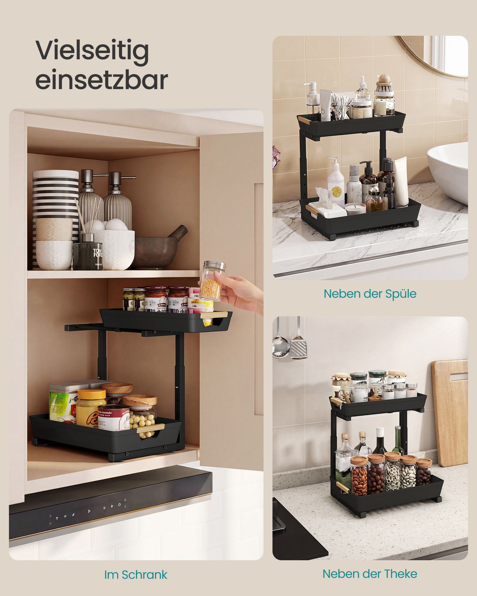 Gootsteenorganizer - L-vormig voor Onderkast - Uittrekbaar - Inktzwart - 40 x 29,5 x 41,5 cm