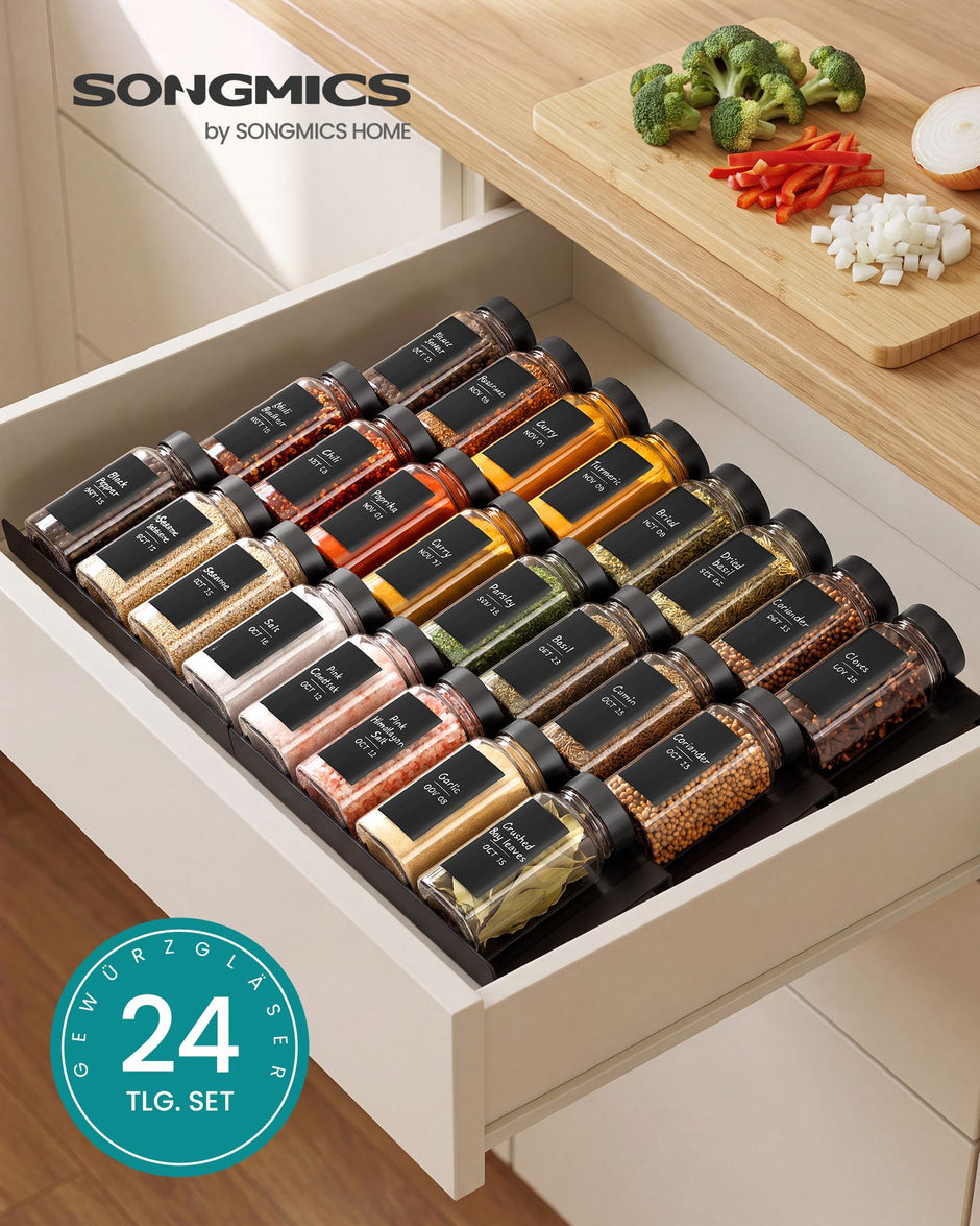 Kruidenpotjes Glas – Set van 24 – 120 ml – Met Strooideksel en Etiketten – Zwart