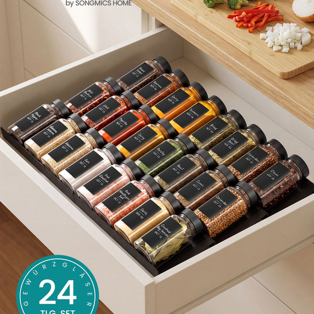 Kruidenpotjes Glas – Set van 24 – 120 ml – Met Strooideksel en Etiketten – Zwart