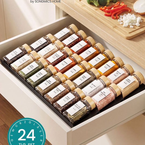Kruidenpotjes Glas – Set van 24 – 120 ml – Met Strooideksel en Etiketten – Bamboe