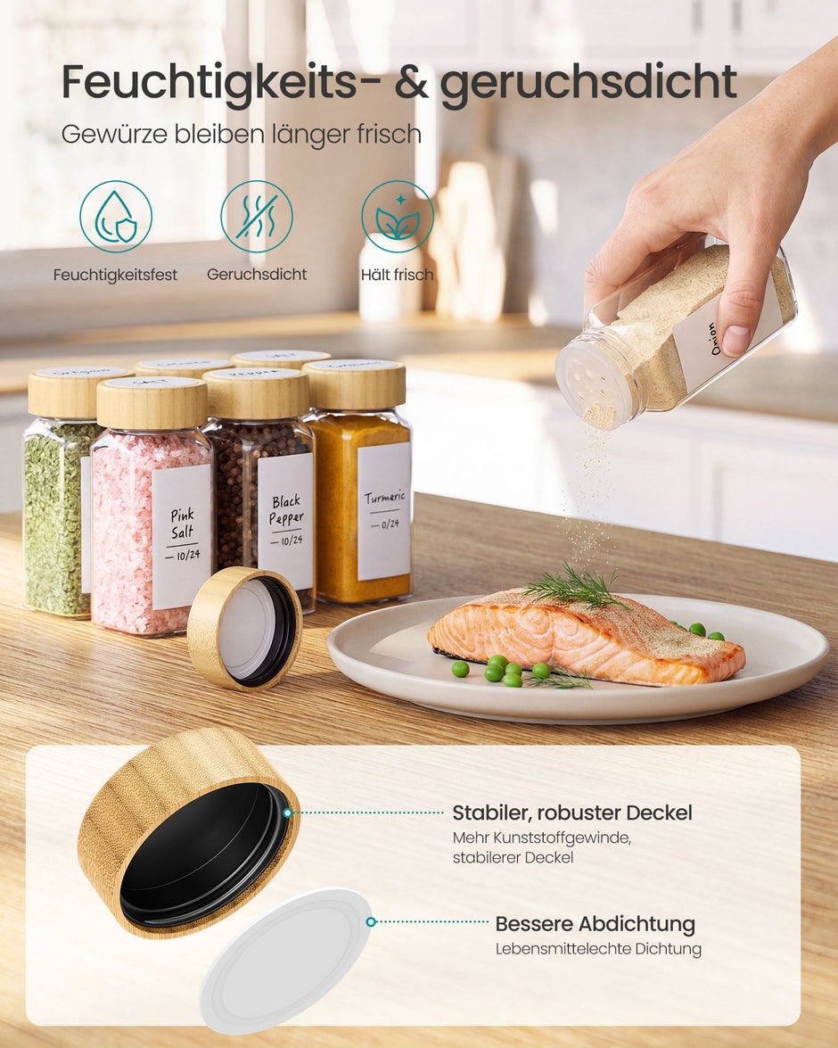 Kruidenpotjes Glas – Set van 24 – 120 ml – Met Strooideksel en Etiketten – Bamboe