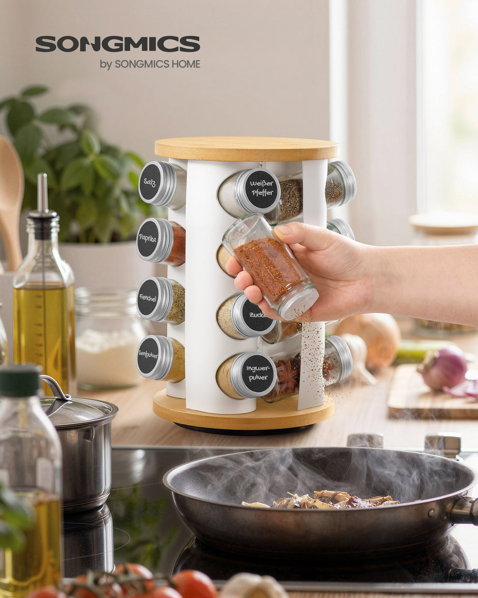 Draaibaar Kruidenrek - 16 Potjes - Met Etiketten - Mat Wit-Naturel Beige