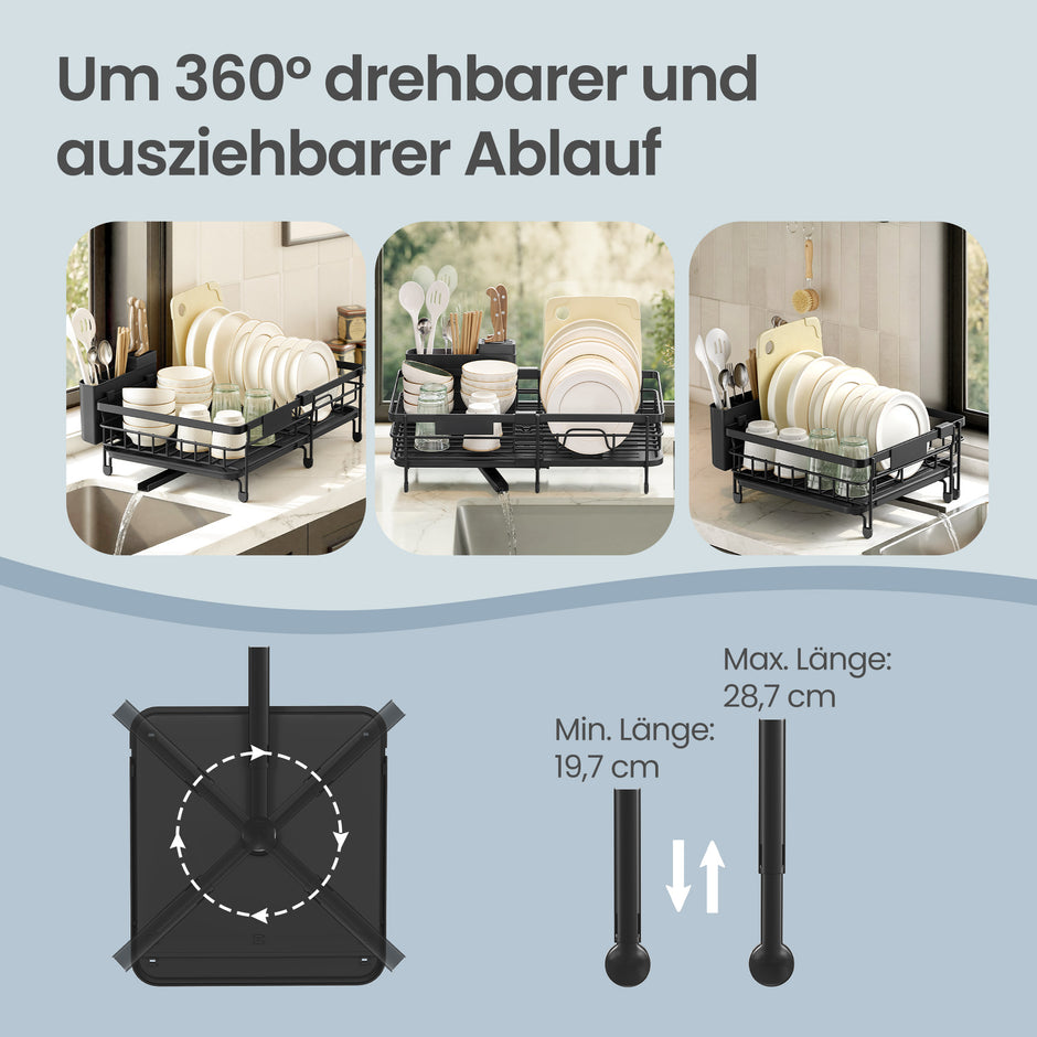 Uitschuifbaar Afwasrek - Staal - Draaibare Afvoertuit - Zwart