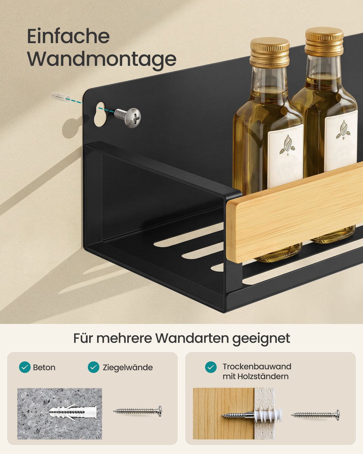 Kruidenrek voor aan de Wand – Set van 2 – Magnetisch – Staal en Bamboe – Inktzwart