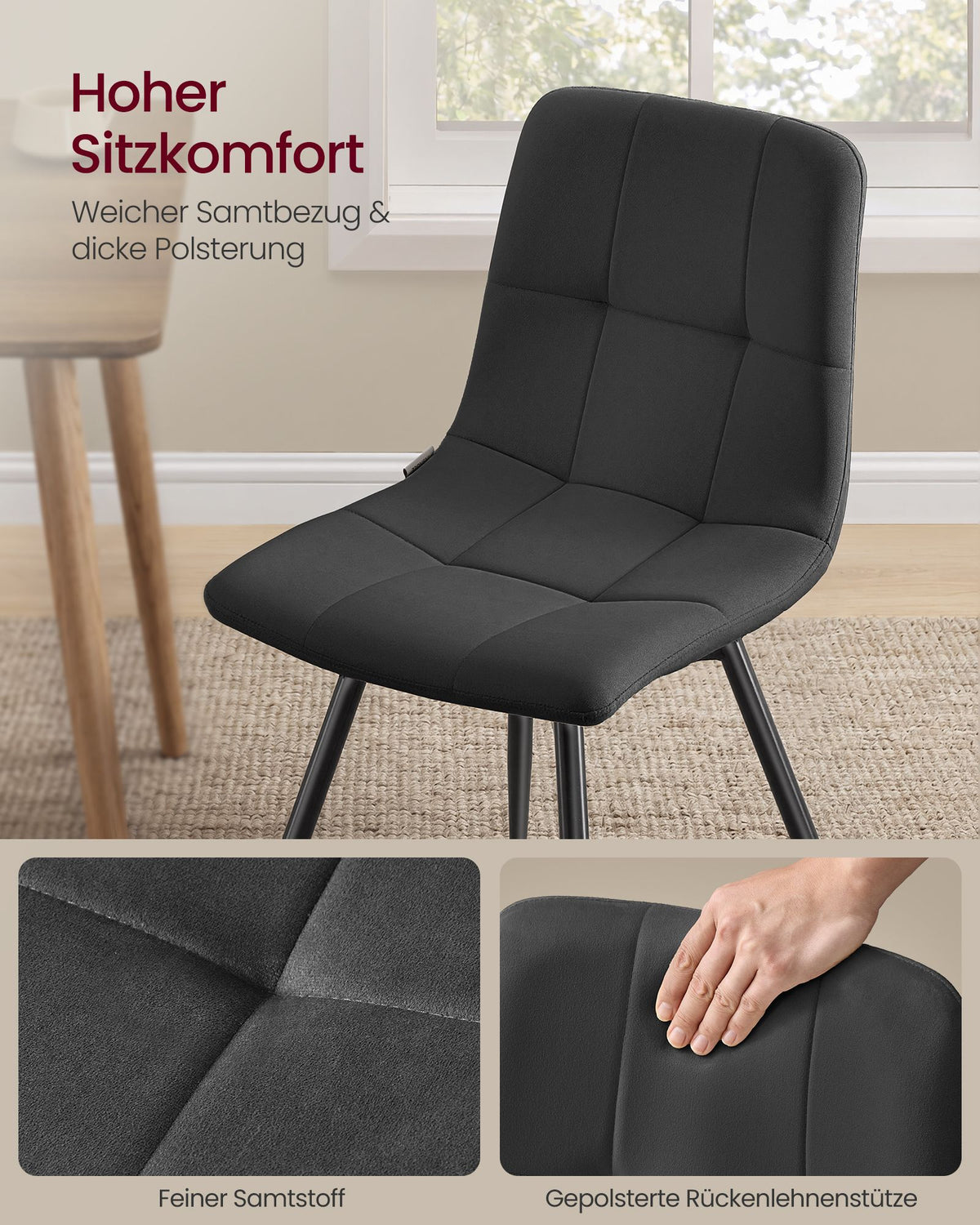 Eetkamerstoelen – Set van 2 – Fluweel – Metalen Poten – Inktzwart