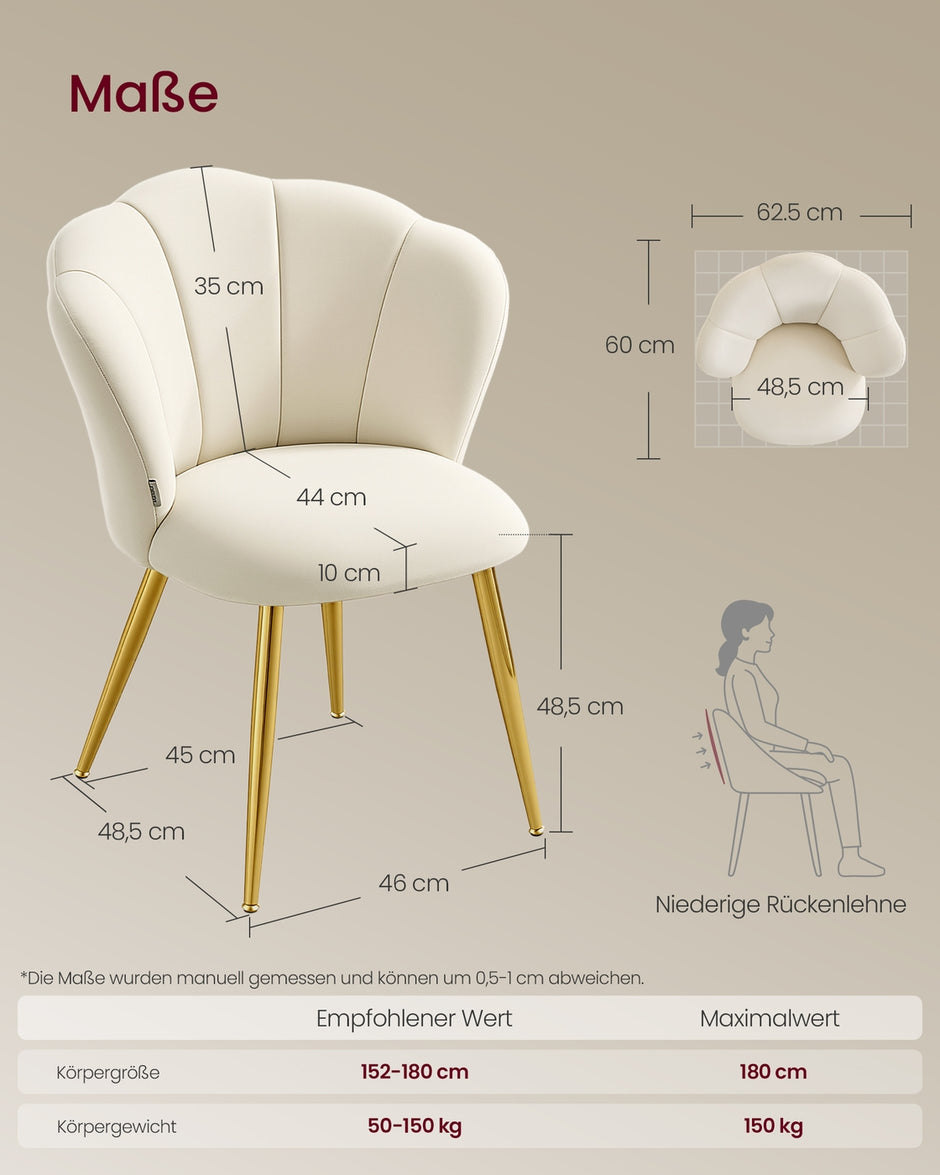 Eetkamerstoel - 62,5 x 60 x 80 cm - Crèmewit - 150 kg maximum capaciteit - Schuim, fluweel, multiplex, staal, non-woven stof