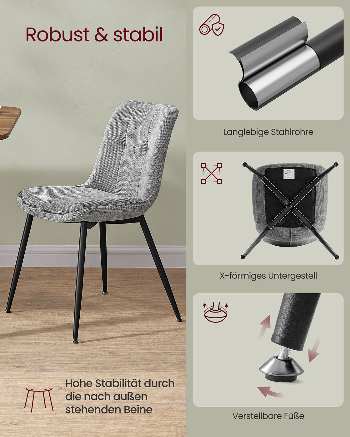 Esszimmerstuhl 2 Stück - Doppelkissen - Taube grau - Set