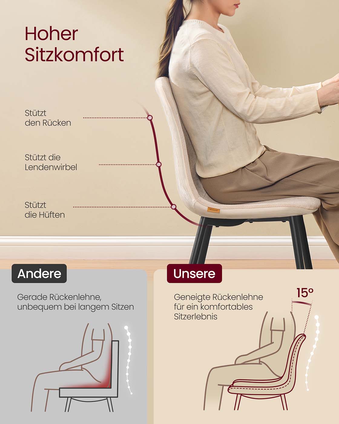 Speisesaalstab Set von 4 aus Chenillestof Crèmewit