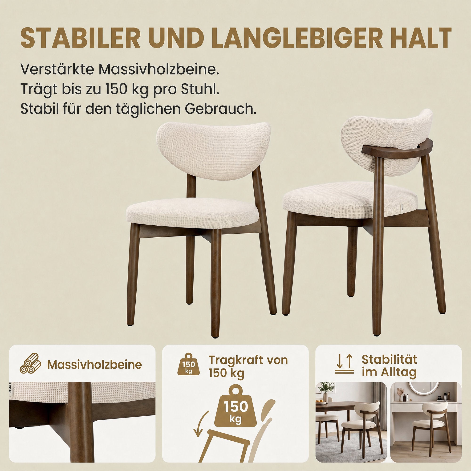Eetkamerstoelen - Set van 2 - Ergonomische Rugleuning - Massief Hout - Beige