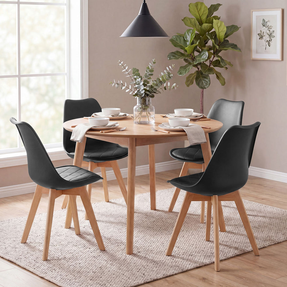 Eetkamerstoelen - Set van 4 - PU-Leer - Beukenhouten Poten - Zwart