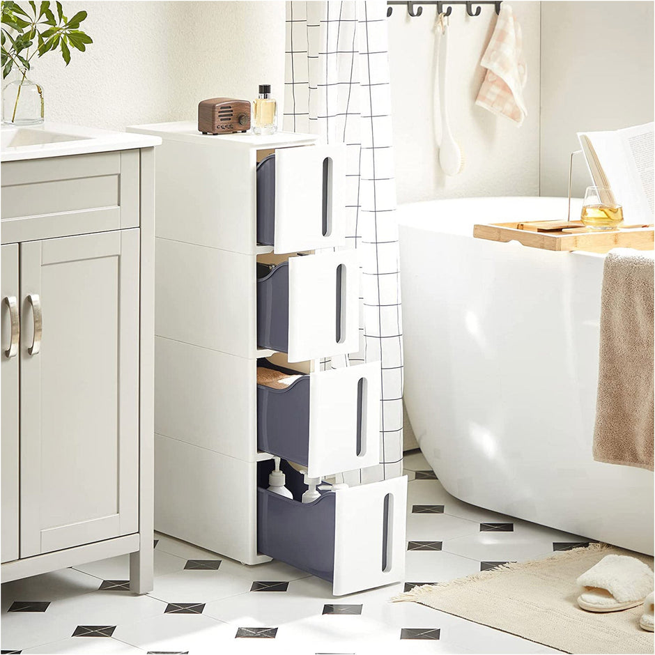 Nisrek - Schmaler Wagen - mit 4 Schubladen - länger - auf Rädern - Weiß