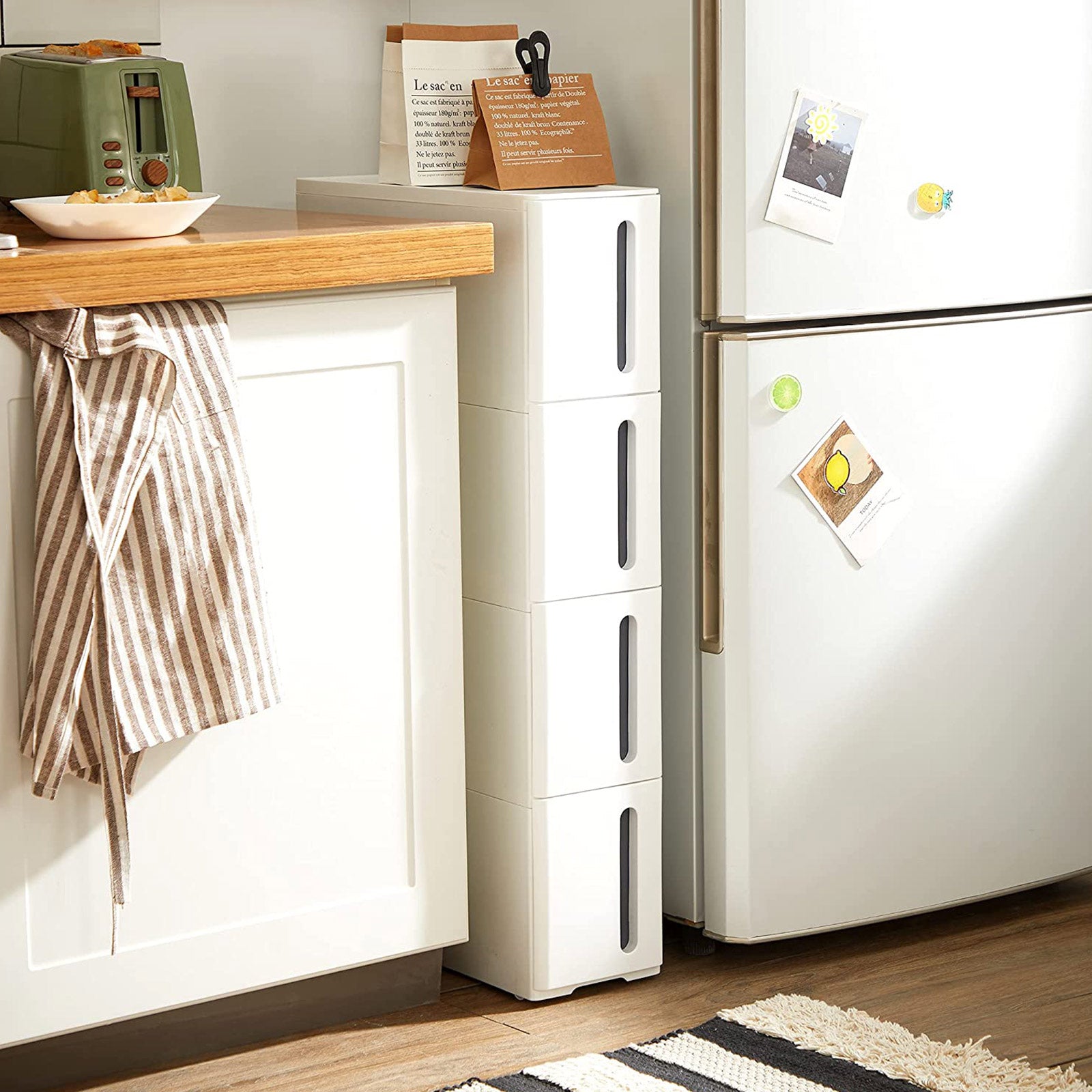 Nisrek - Schmaler Wagen - mit 4 Schubladen - länger - auf Rädern - Weiß