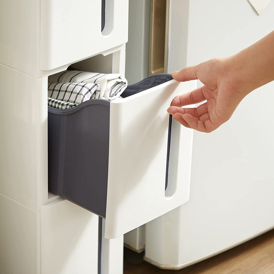 Nisrek - Schmaler Wagen - mit 4 Schubladen - länger - auf Rädern - Weiß