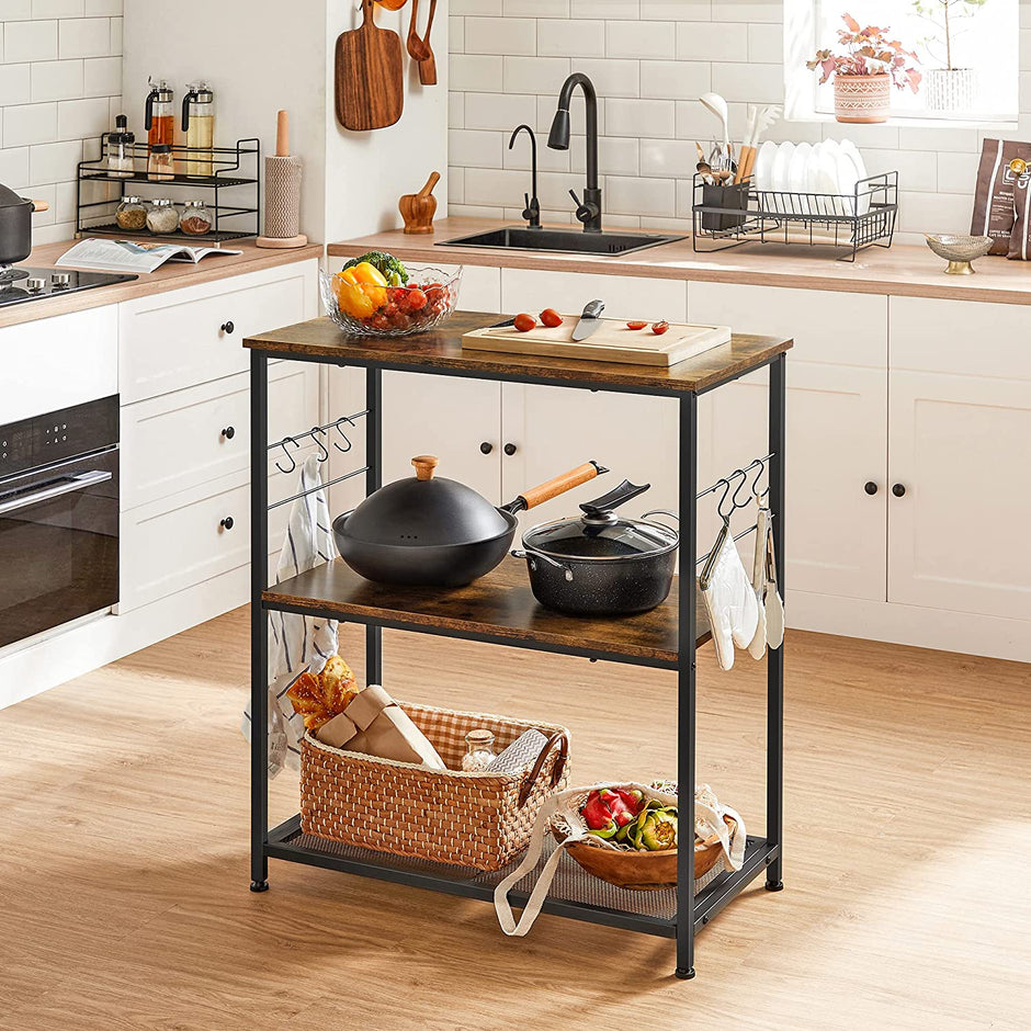Küchenregal - Standing Rack - Cooking Island - 3 Bretter - 6 haken - Vintage Brown/Schwarz