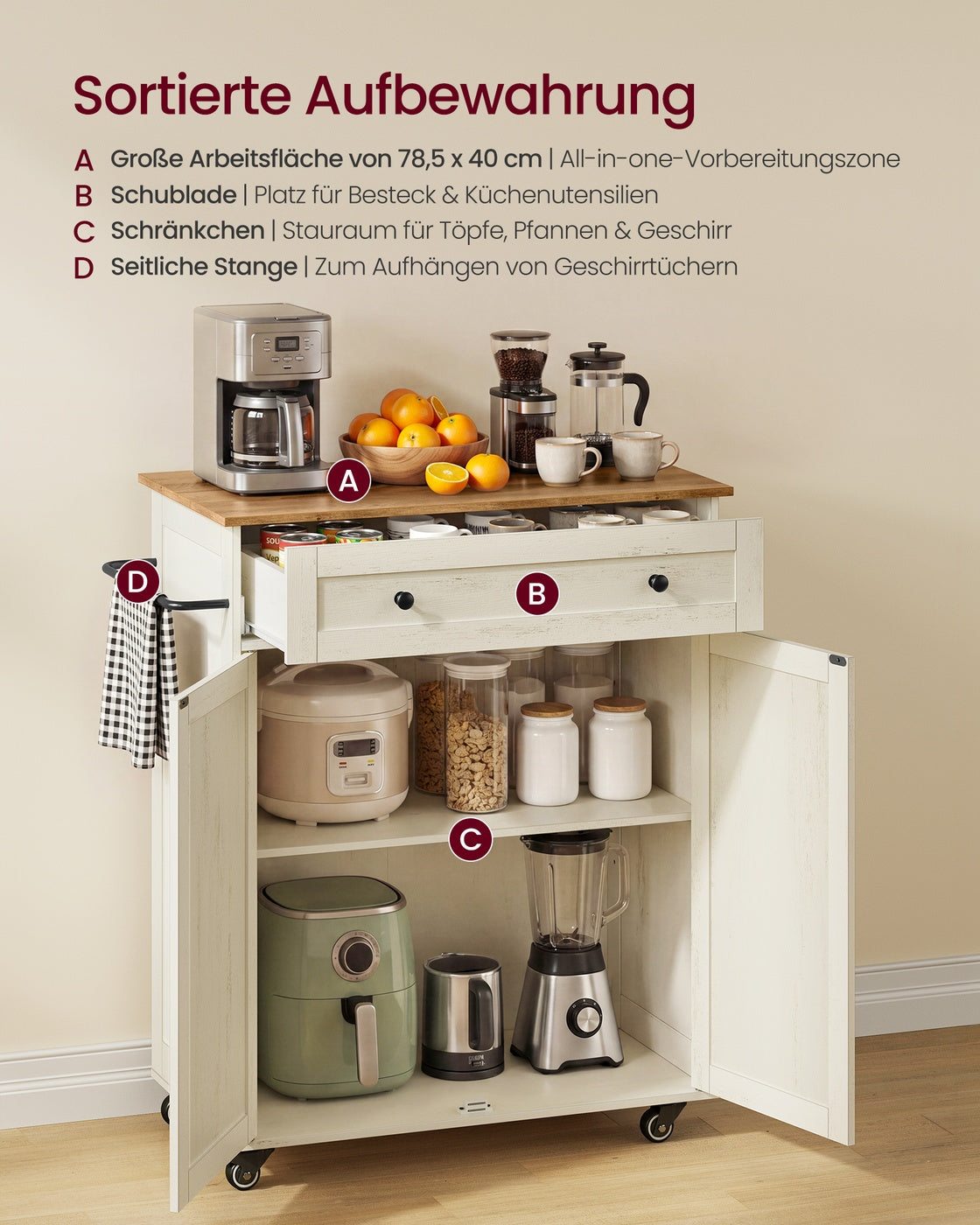 Keukenkast - 40 x 78,5 x 89,2 cm - Wolkenwit-Honingbruin - 45 kg werkblad capaciteit - 25 kg verstelbare plank capaciteit - 25 kg kastonderstel capaciteit - 10 kg lade capaciteit - 115 kg totale capaciteit