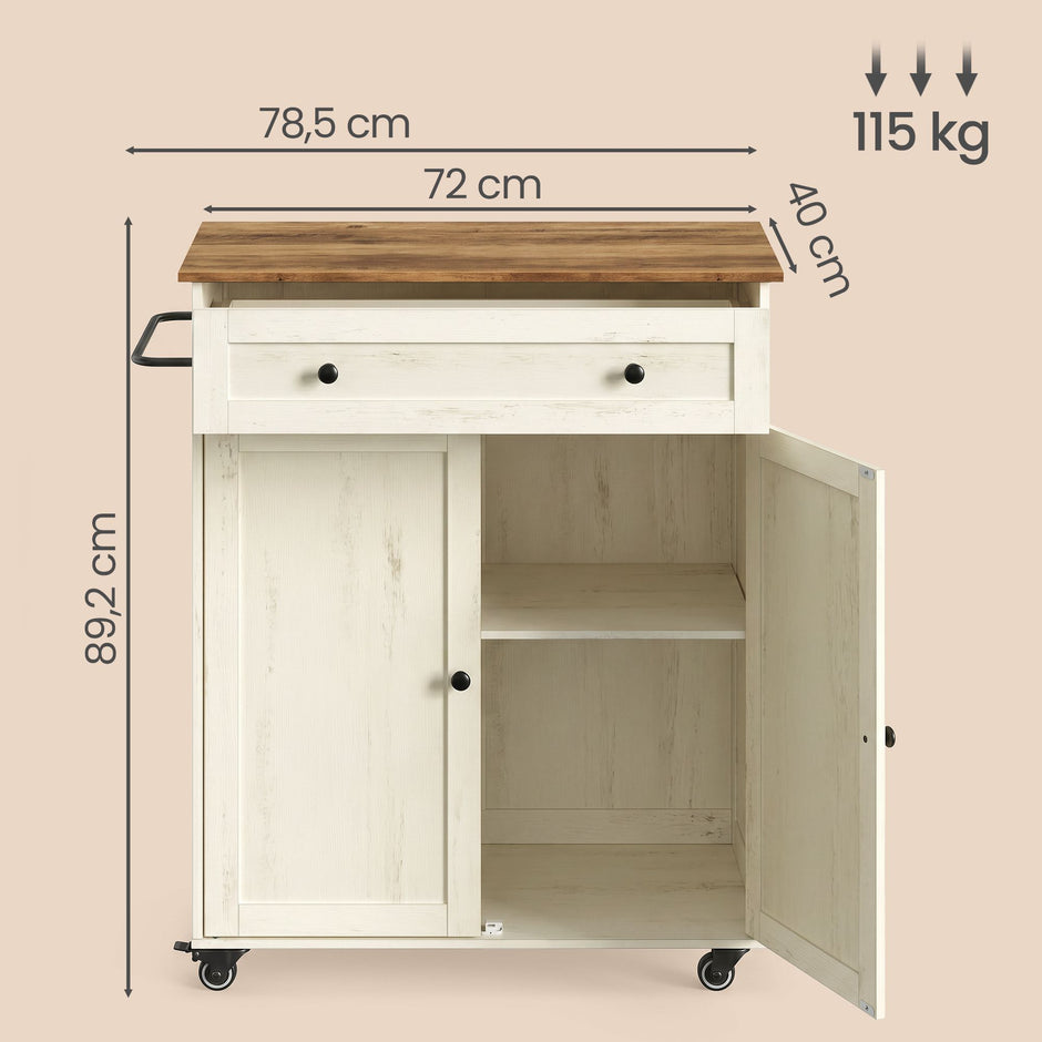 Keukentrolley - Met Kast en Lade - Landelijke Stijl - Op Wielen - Wolkenwit-Honingbruin