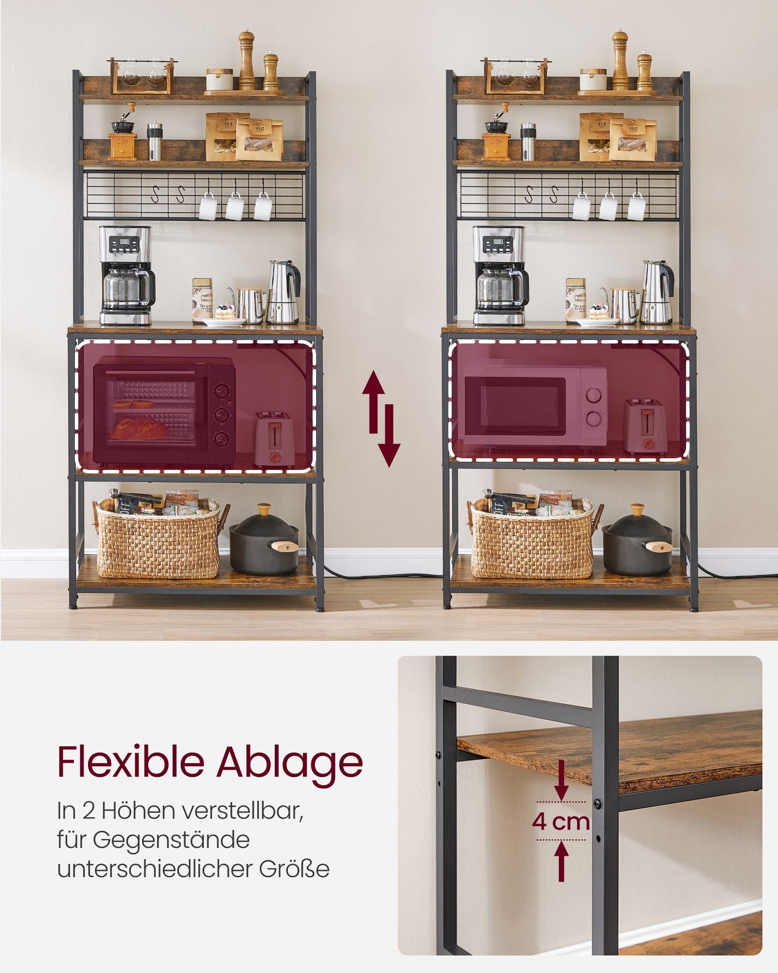 Küchenregal-Steckdosen und Gitterplatten-Vintage-Braunschwarz