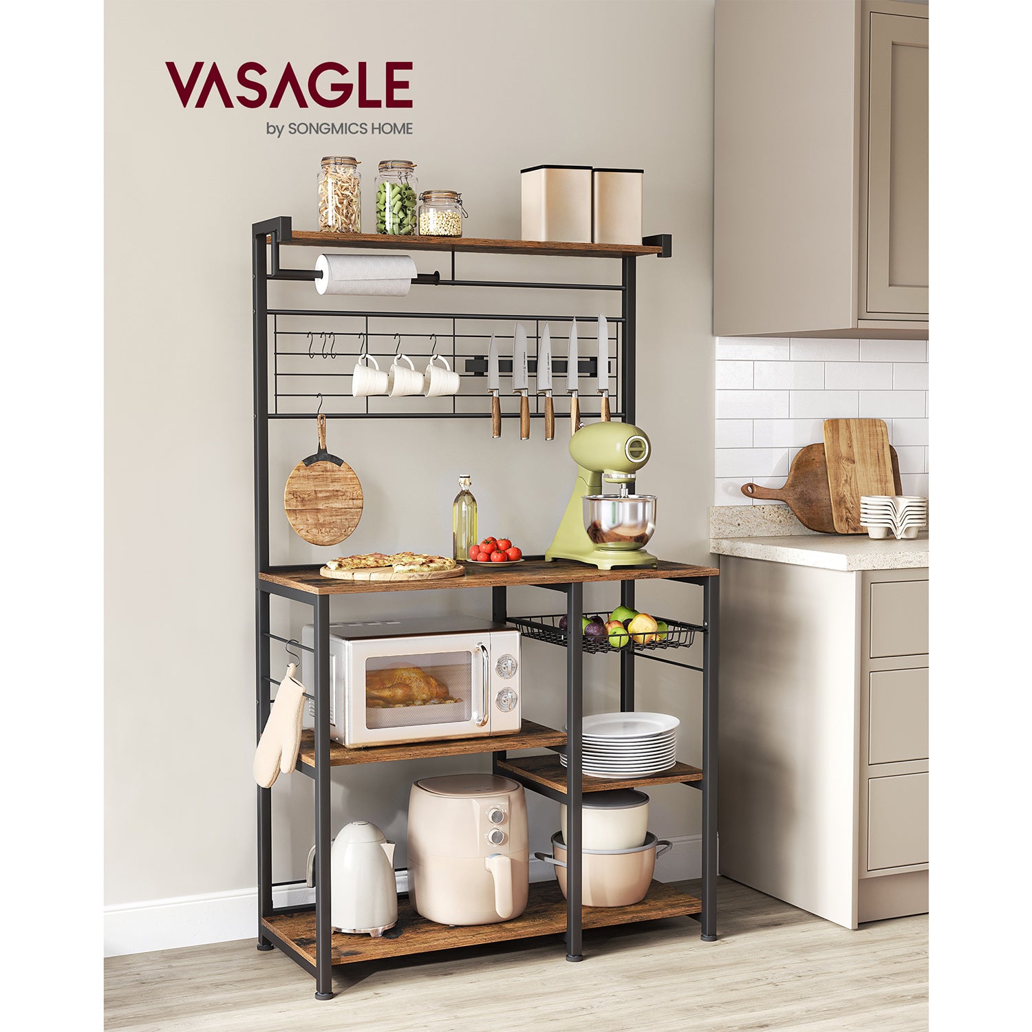 Küchenregal mit Magnetstreifen für Messer und 12 Hooks-Vintage-Braunschwarz