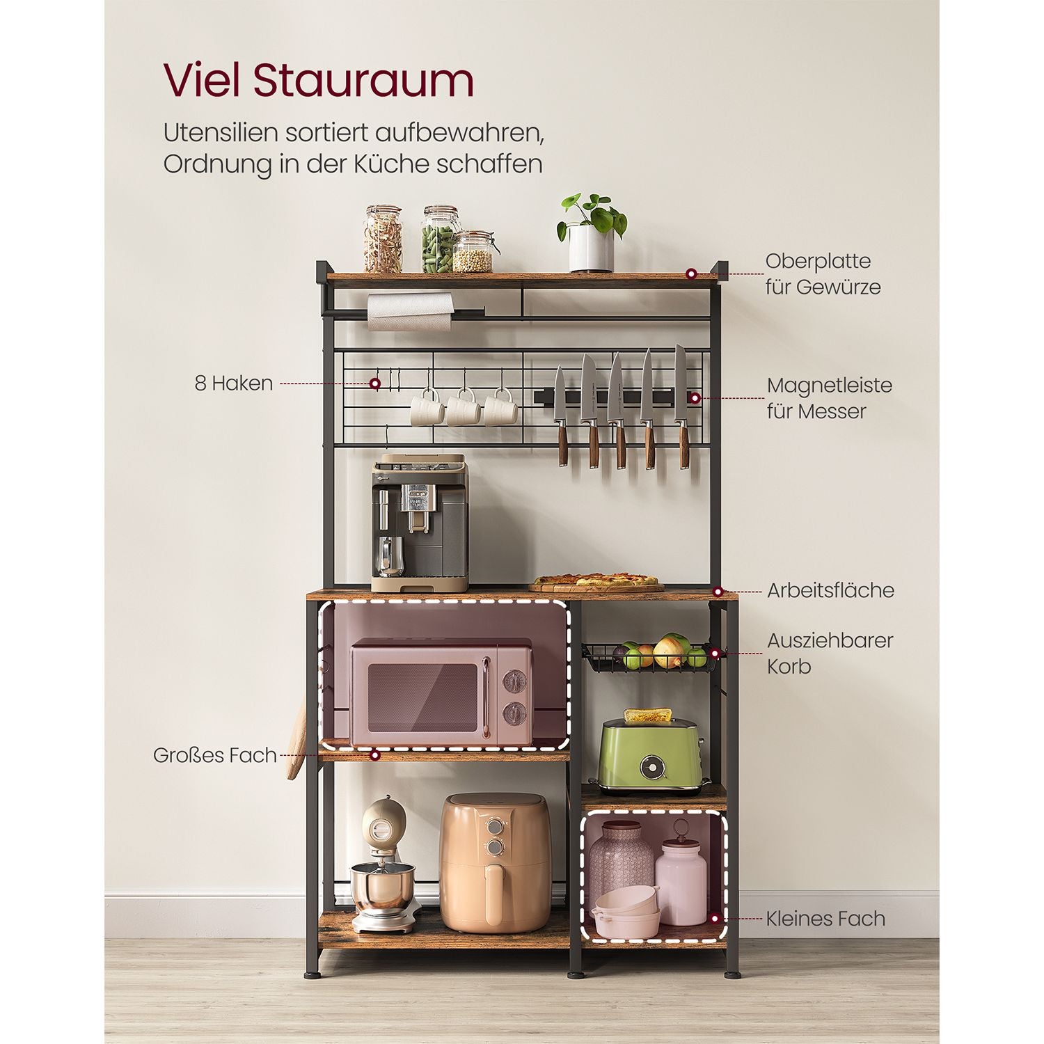 Küchenregal mit Magnetstreifen für Messer und 12 Hooks-Vintage-Braunschwarz