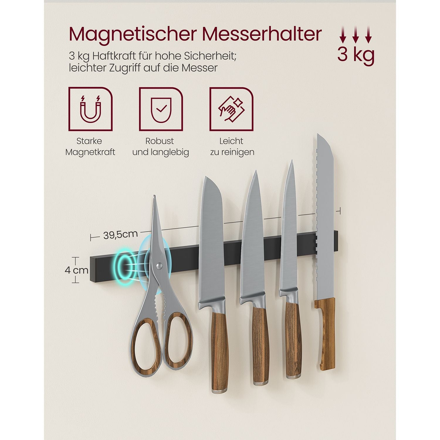 Küchenregal mit Magnetstreifen für Messer und 12 Hooks-Vintage-Braunschwarz