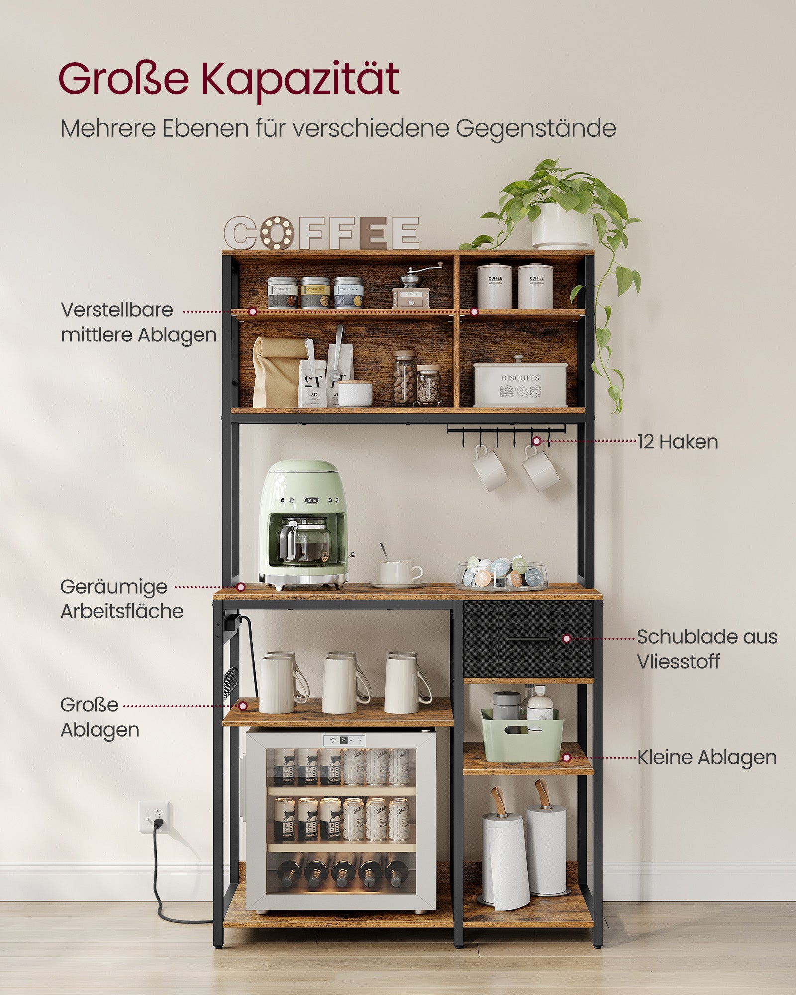 Küchenregal mit Steckdosen und Stoffschubladen - 40 x 100 x 180,4 cm