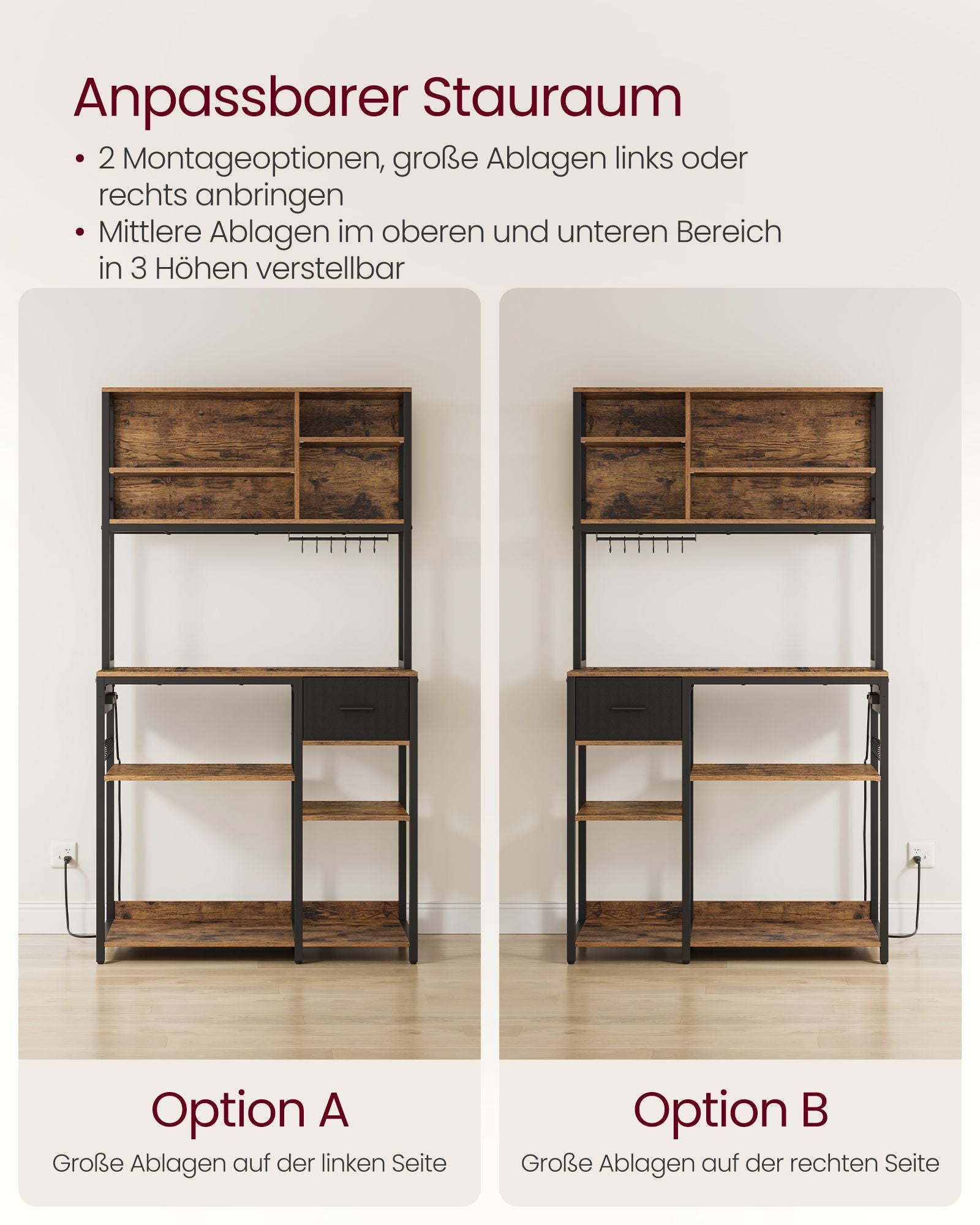 Küchenregal mit Steckdosen und Stoffschubladen - 40 x 100 x 180,4 cm