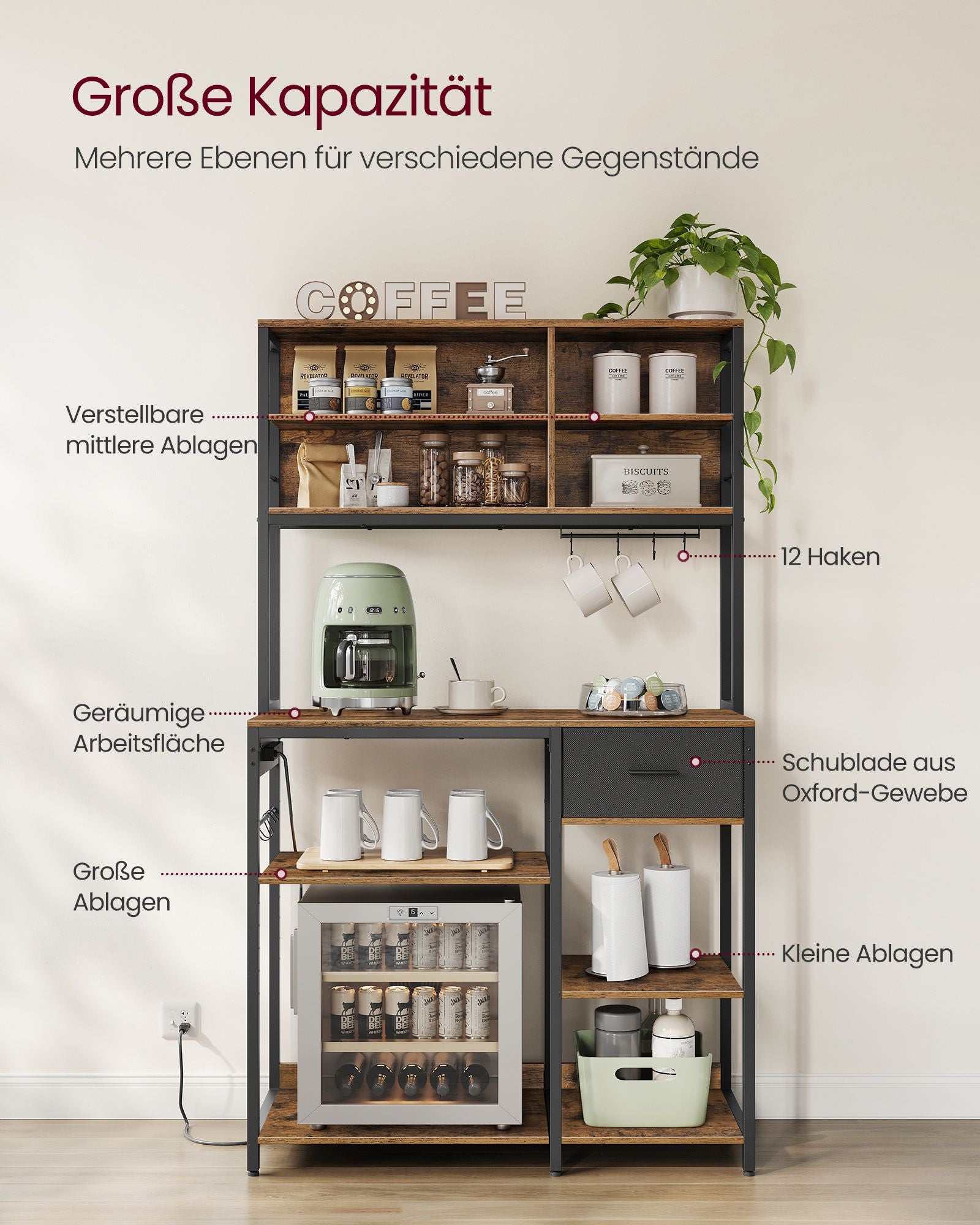 Küchenplan - mit Steckdosen und verstellbaren Regalen - Vintage Brown & Ink -Zwart