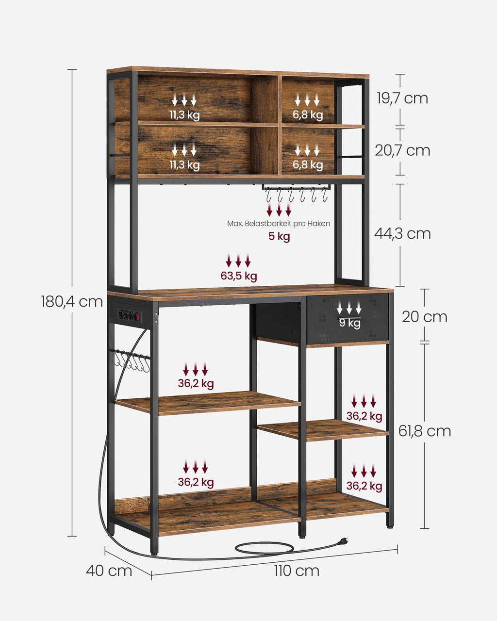 Küchenplan - mit Steckdosen und verstellbaren Regalen - Vintage Brown & Ink -Zwart