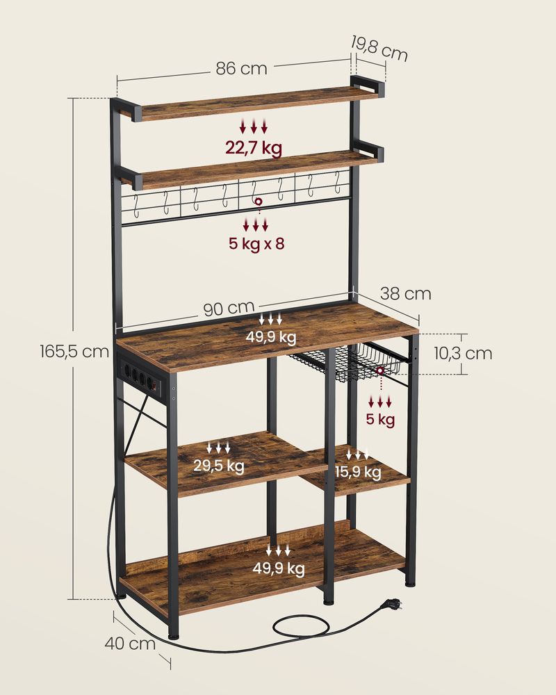 Küchenständer - Stehstange - mit Steckdose - Mehrere Regale - Metallrahmen - Brown