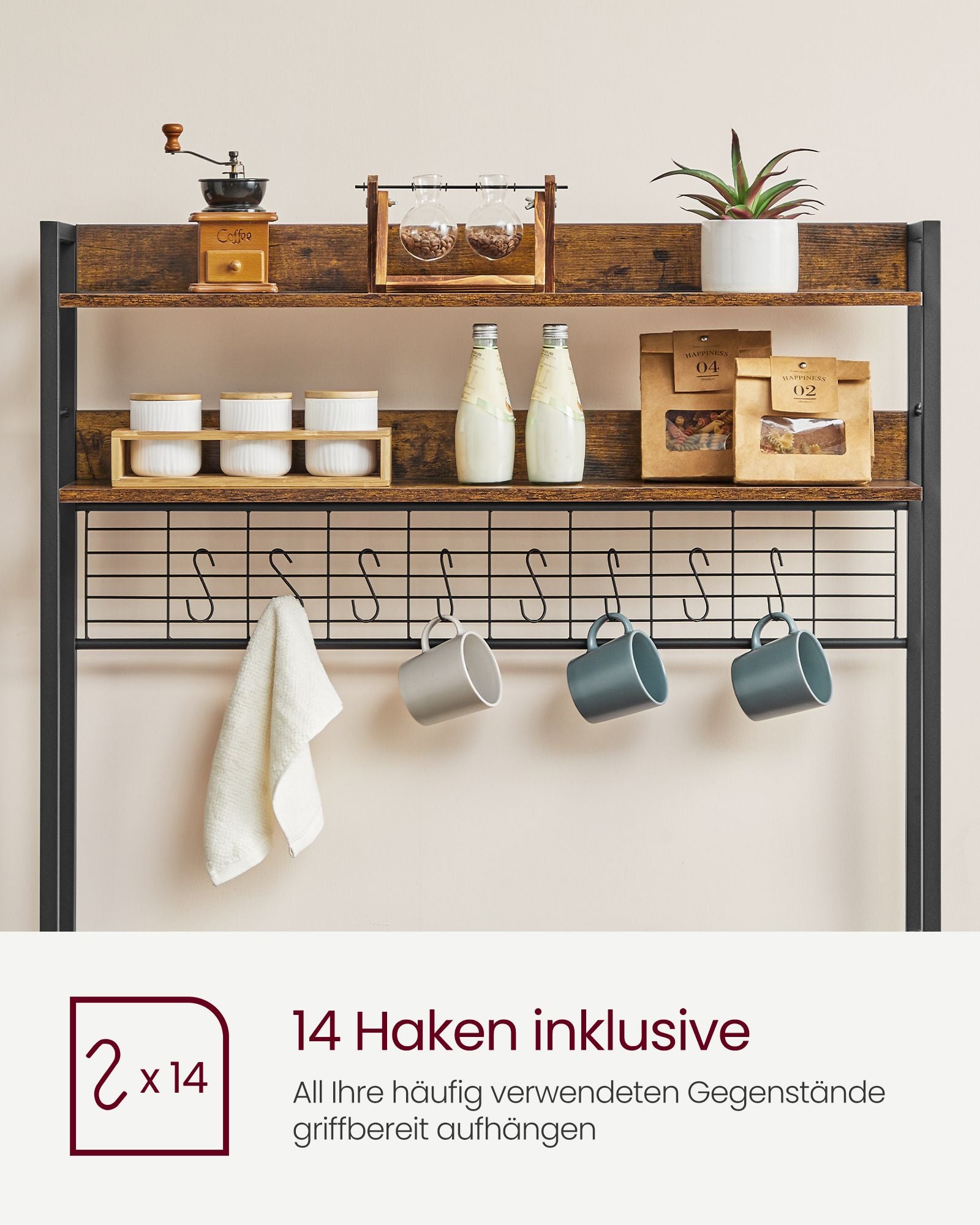 Keukenrek - Met Stopcontacten - Rasterwand - 14 Haken - Vintage Bruin-Zwart