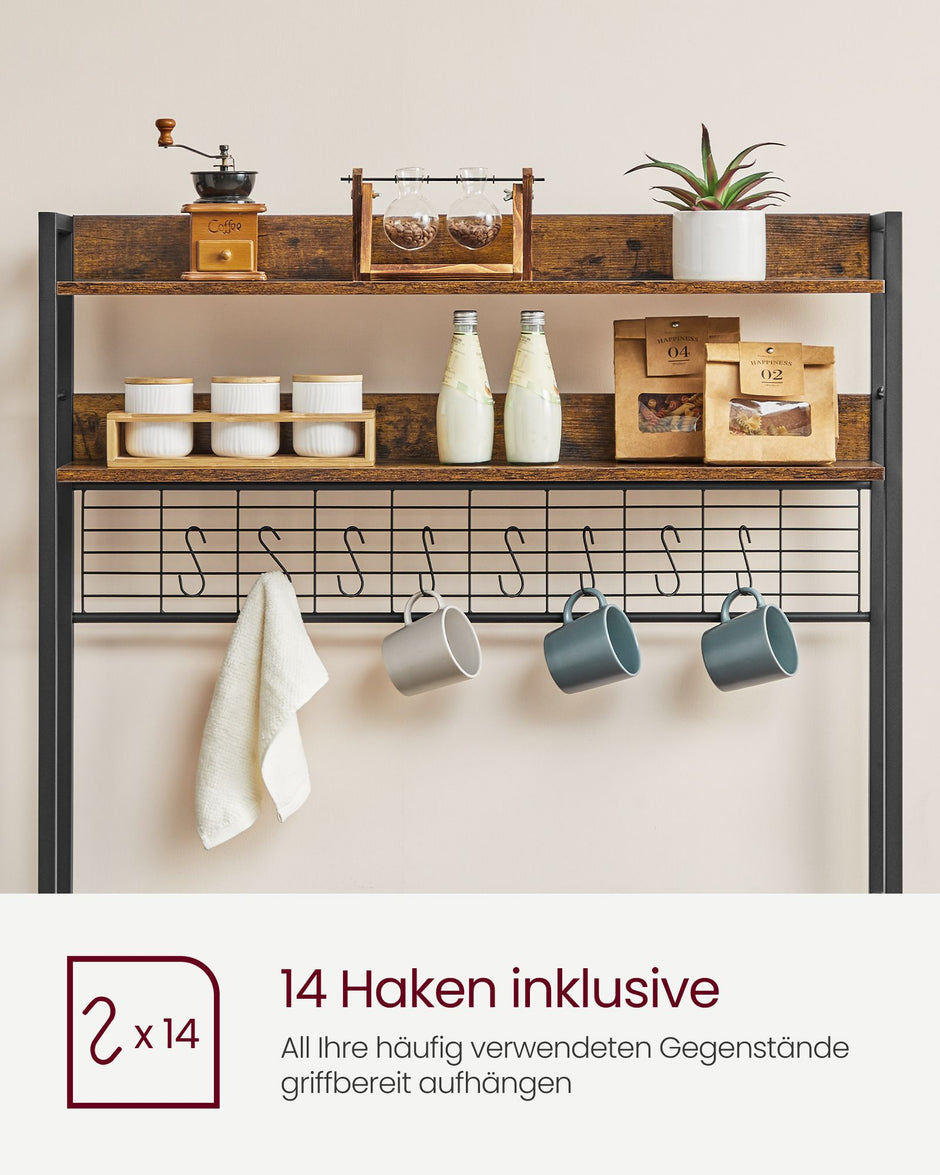 Keukenrek - Met Stopcontacten - Rasterwand - 14 Haken - Vintage Bruin-Zwart