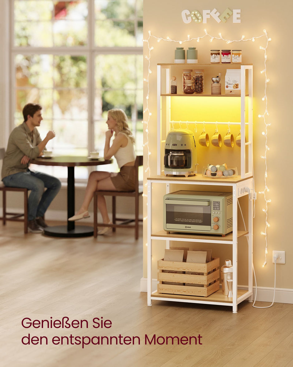 Keukenrek – LED-Verlichting en Stopcontacten – Verstelbare Planken – 8 Haken – 60 x 40 x 168 cm – Goudeiken en Matwit