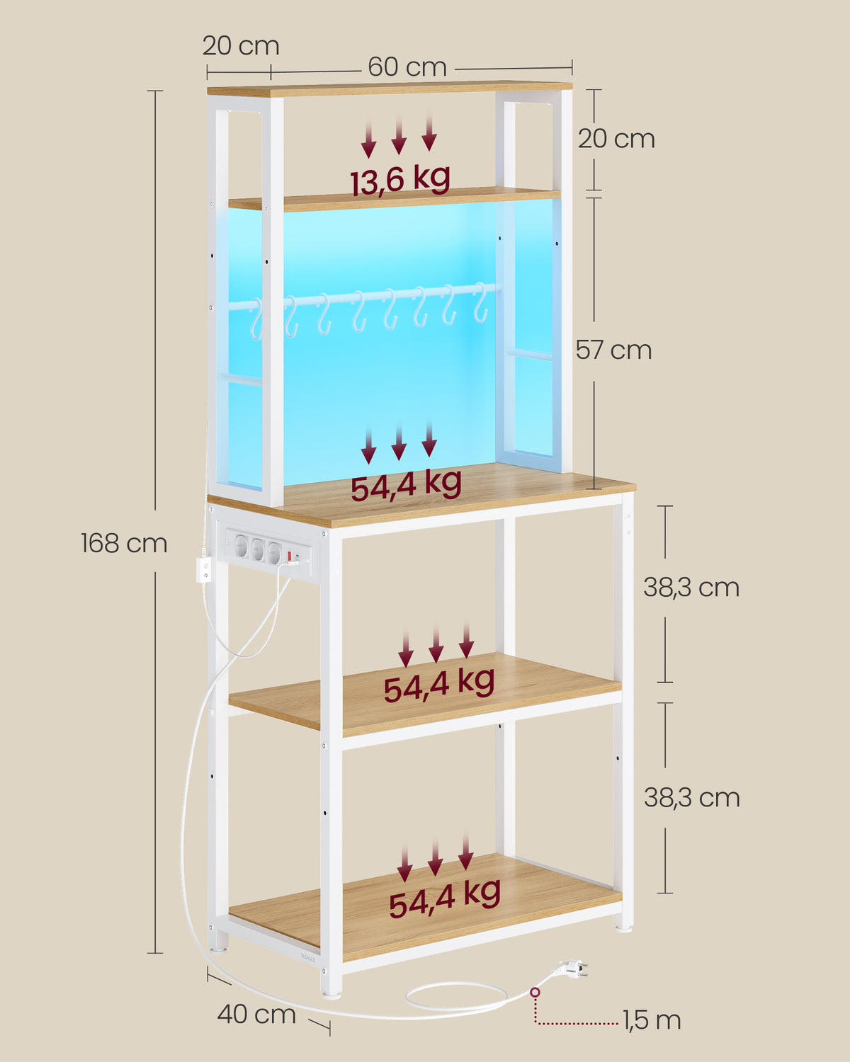 Keukenrek – LED-Verlichting en Stopcontacten – Verstelbare Planken – 8 Haken – 60 x 40 x 168 cm – Goudeiken en Matwit