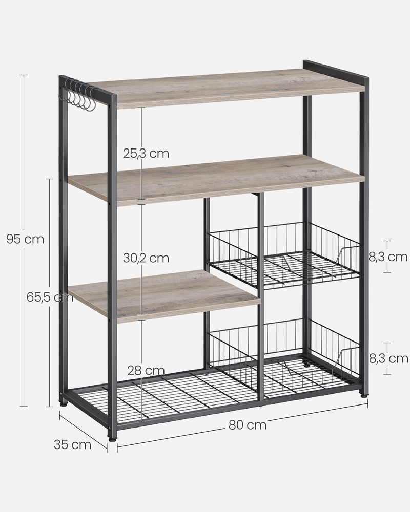 Küchenständer - Küchenschrank - Aufbewahrungsschrank - 4 Level - Metallrahmen - Holzbretter - Grau