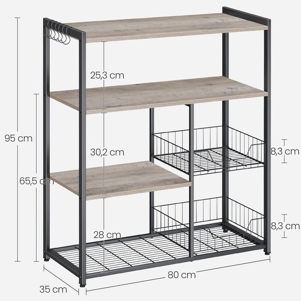 Küchenständer - Küchenschrank - Aufbewahrungsschrank - 4 Level - Metallrahmen - Holzbretter - Grau