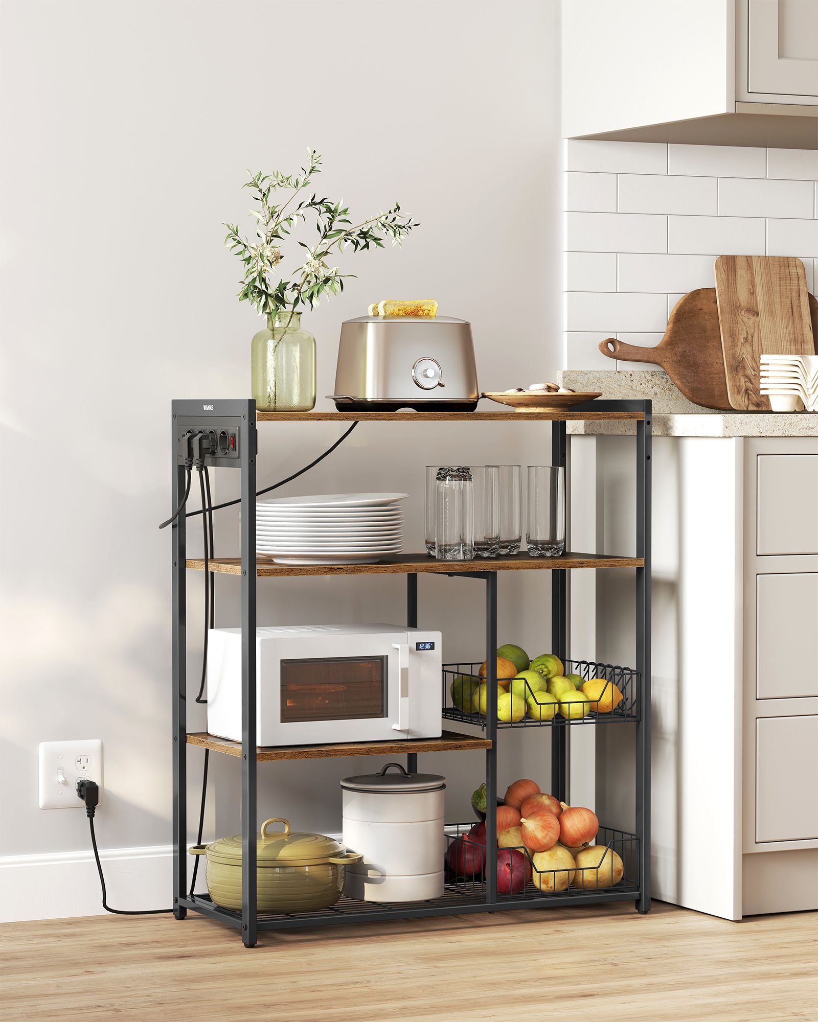 Küchenregal mit Steckdosen - Vintage Brown & Tinte -Black - Multifunktional