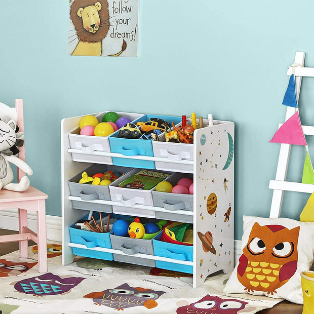 Kinderschrank - Bücherregal für Spielzeug - 9 Fleece -Aufbewahrungsboxen - Weiß/Blau