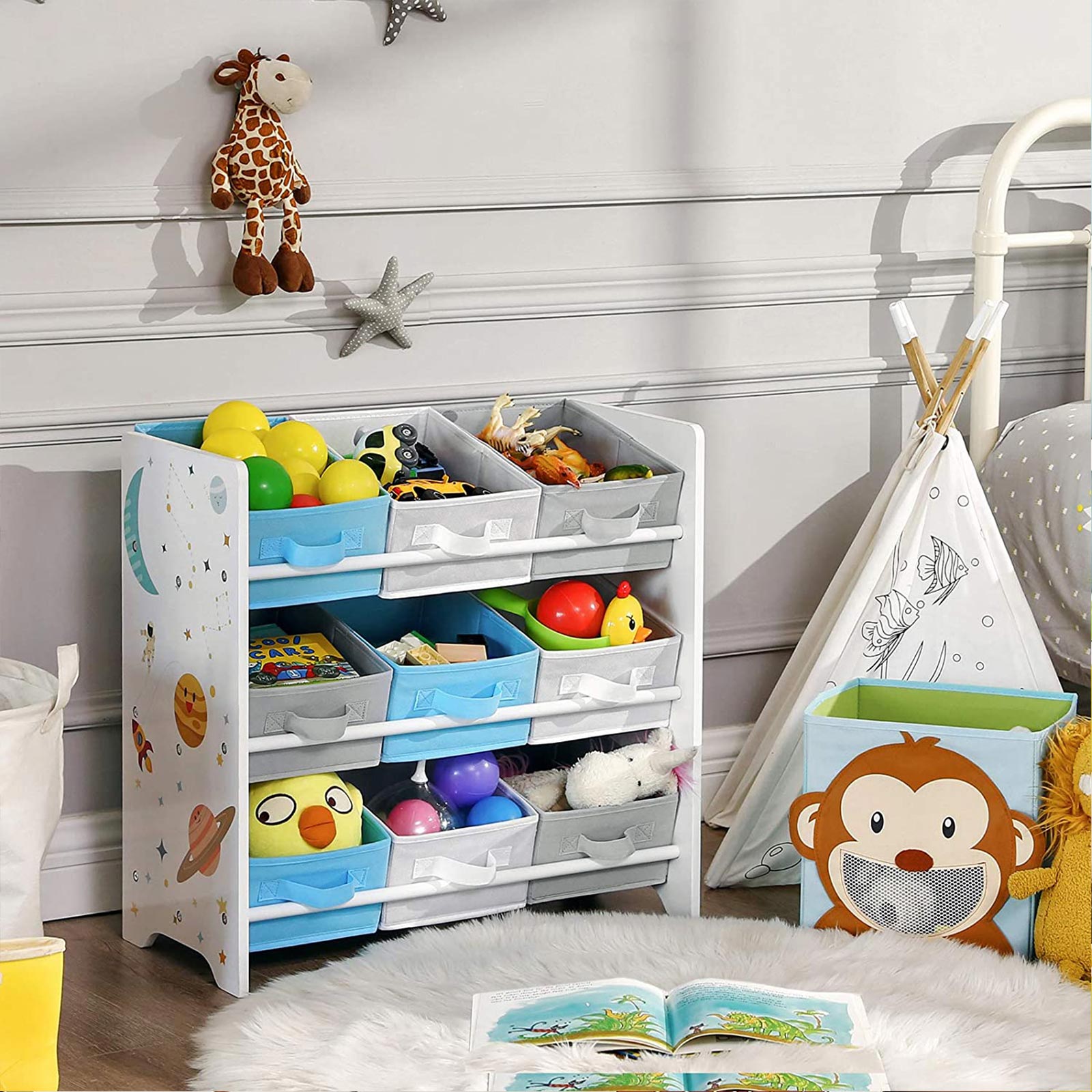 Kinderschrank - Bücherregal für Spielzeug - 9 Fleece -Aufbewahrungsboxen - Weiß/Blau