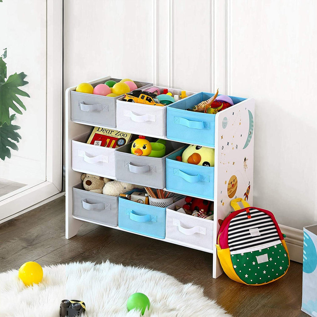 Kinderschrank - Bücherregal für Spielzeug - 9 Fleece -Aufbewahrungsboxen - Weiß/Blau