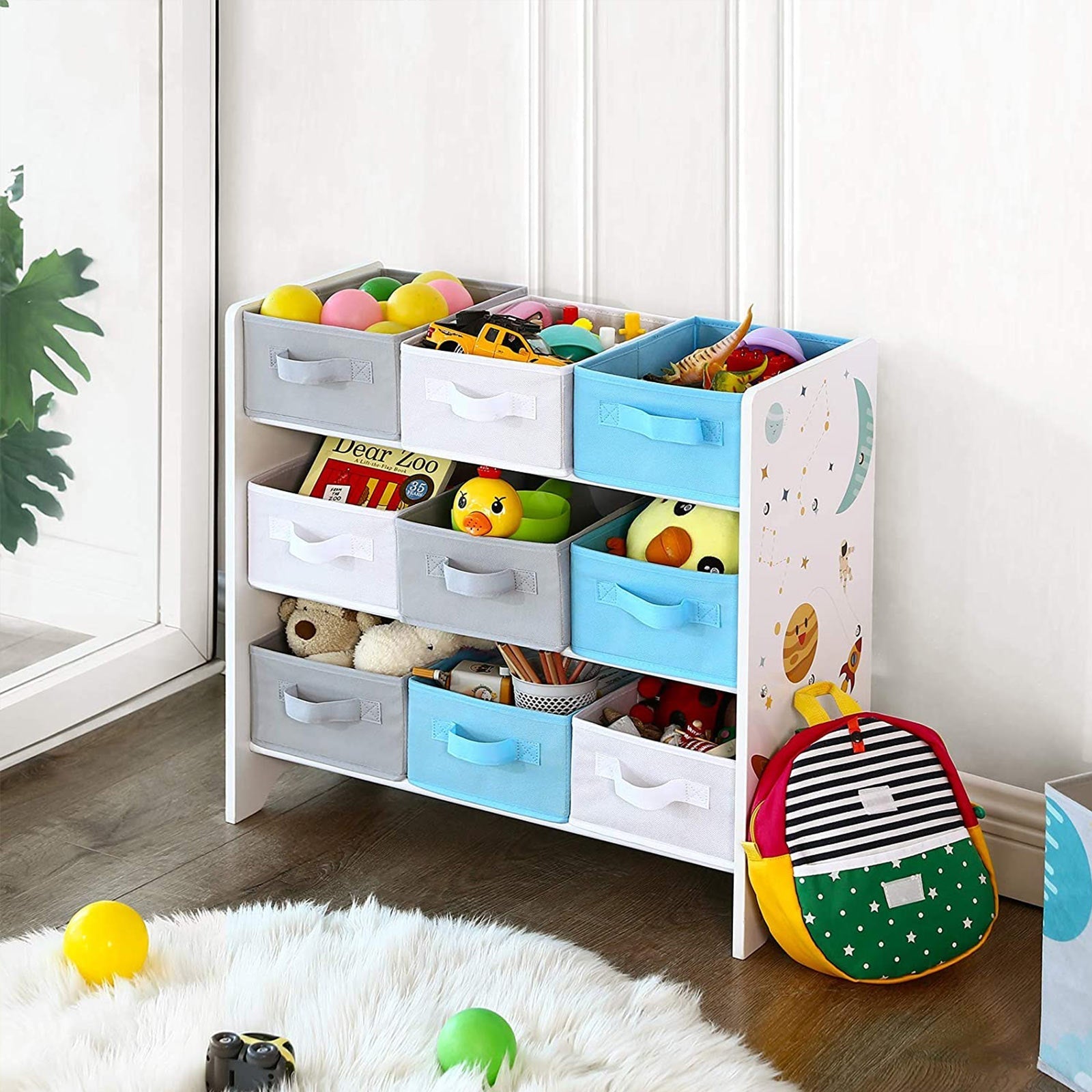 Kinderschrank - Bücherregal für Spielzeug - 9 Fleece -Aufbewahrungsboxen - Weiß/Blau