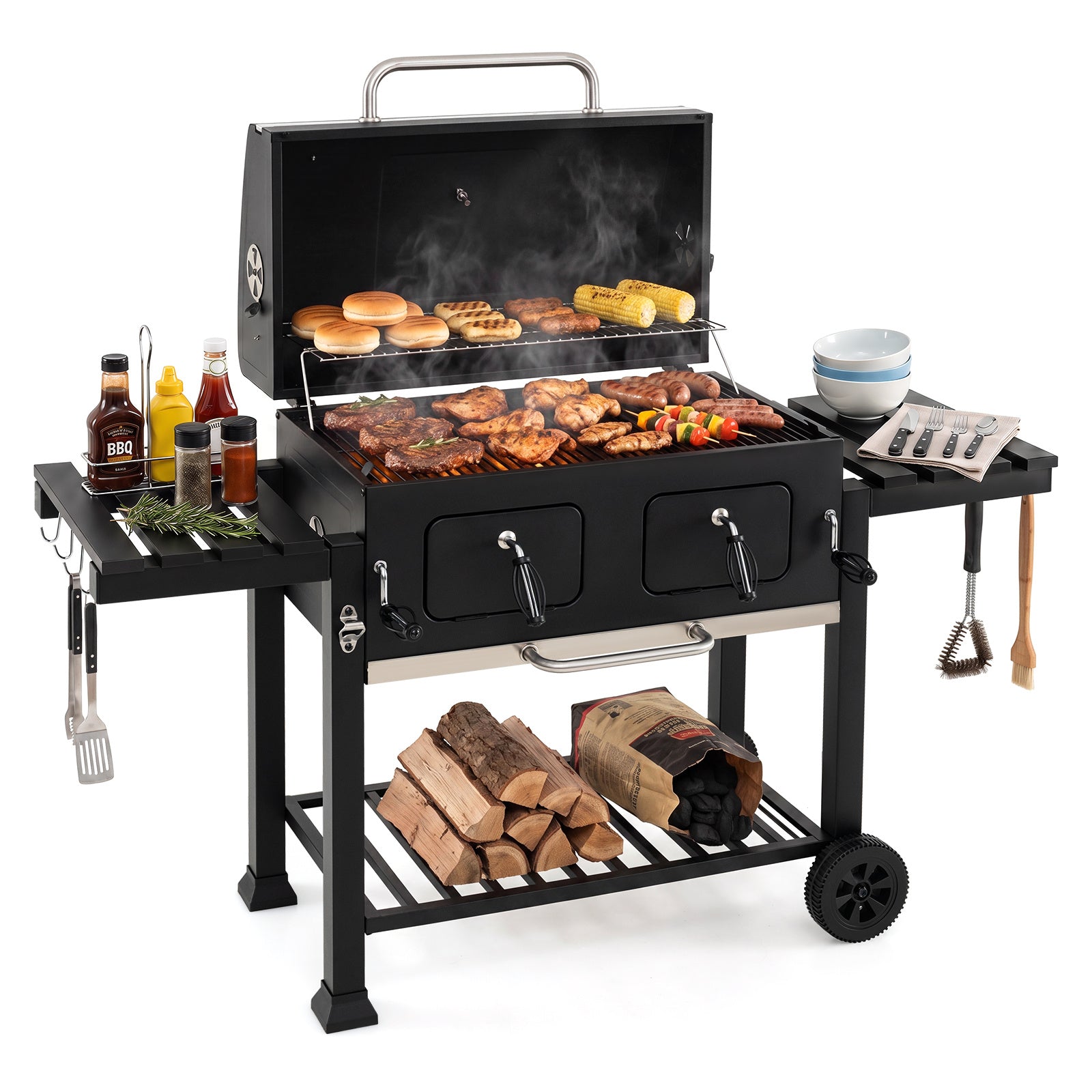 Kolgrill – med lock, grillvagn hjul och skyddstäcke, klotgrill termometer i