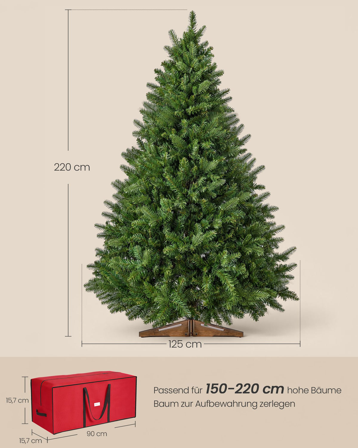 Kunstkerstboom – 220 cm – PE en PVC – Houten Standaard – Met Opbergtas – Groen