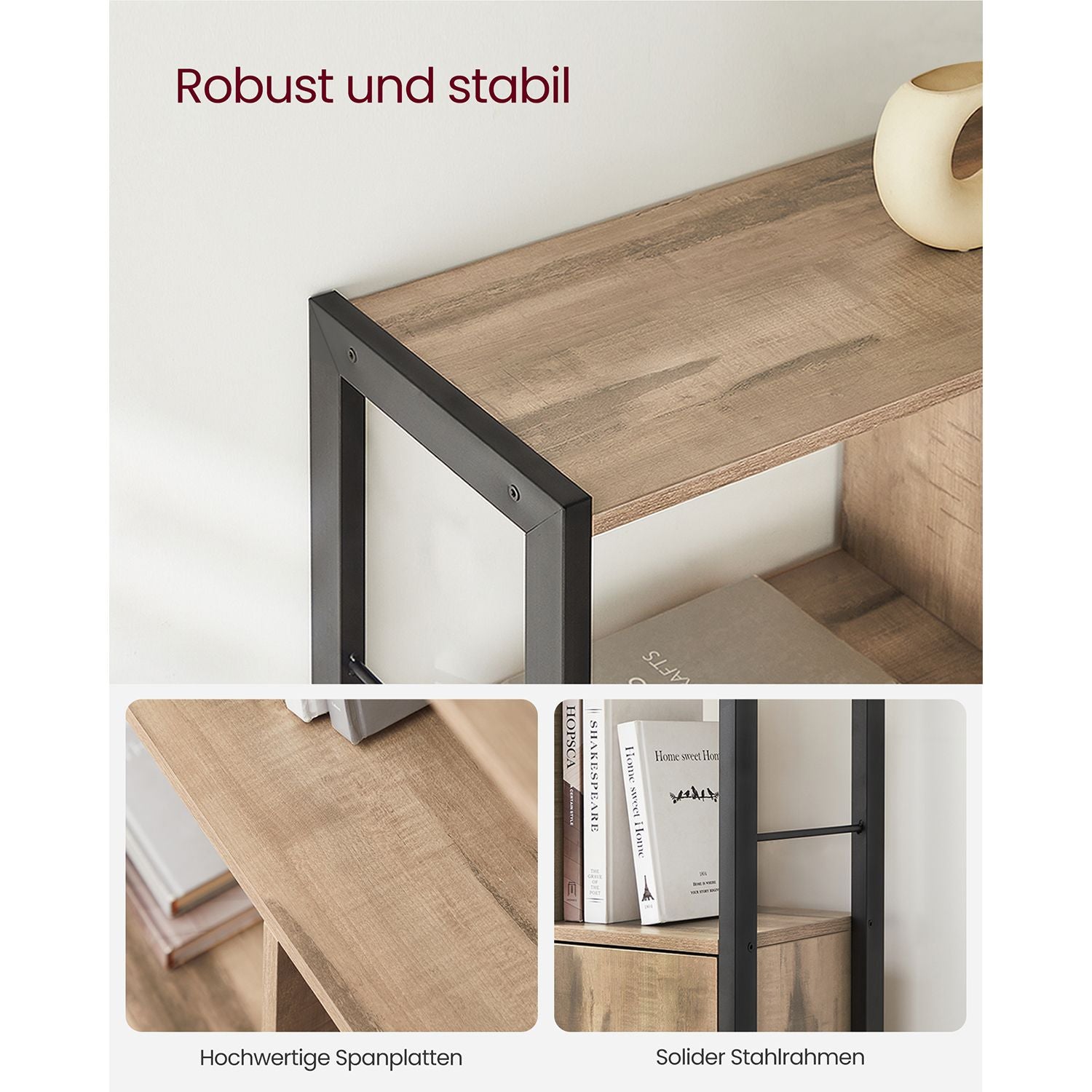 Bücherregal - mit 4 offenen Regalen - Eichenbraun und Schwarz
