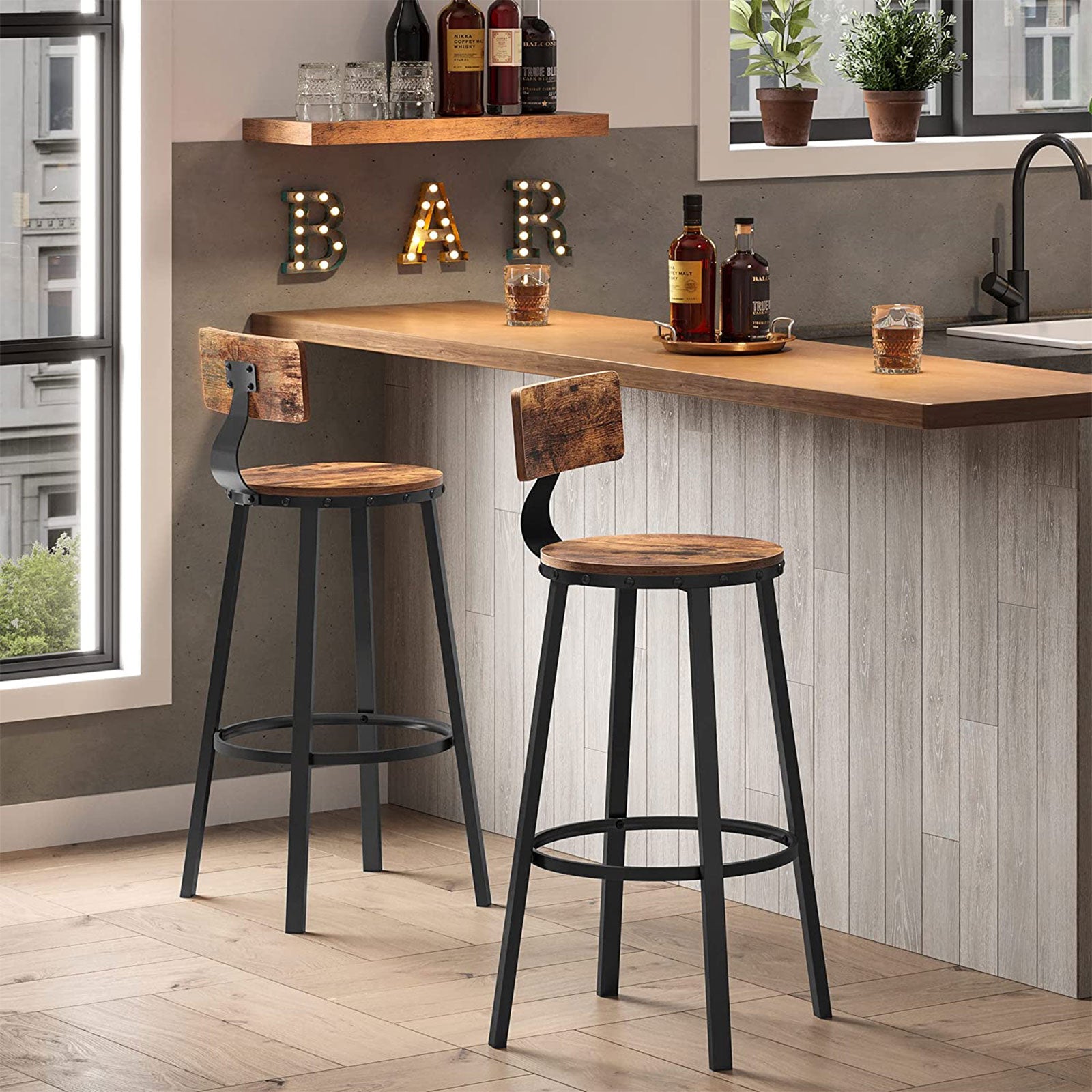 Barhocker - 2 - mit Rückenlehne - Holzsitz - braun