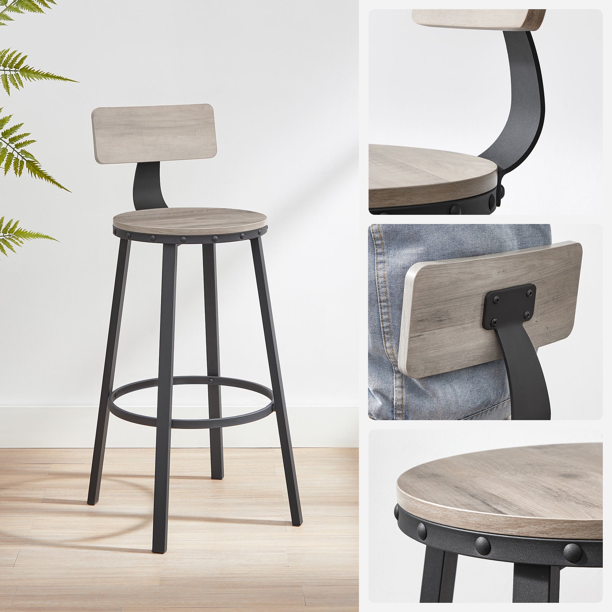 Barhocker - 2 - mit Rückenlehne - Holzsitz - grau schwarz