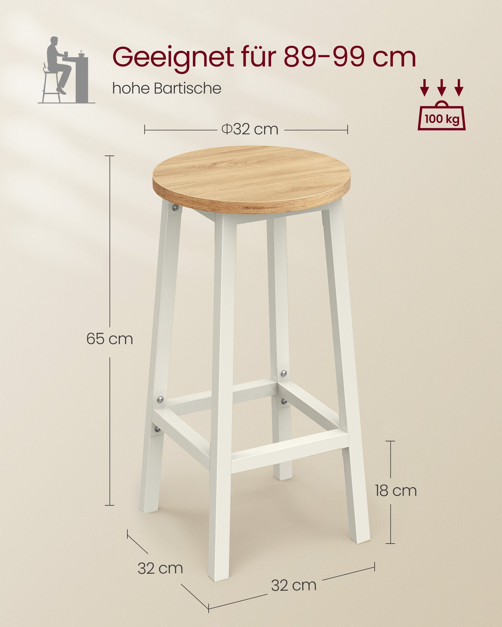 Barhocker - 2 - Ebony Black - Oak Beige - Weiß