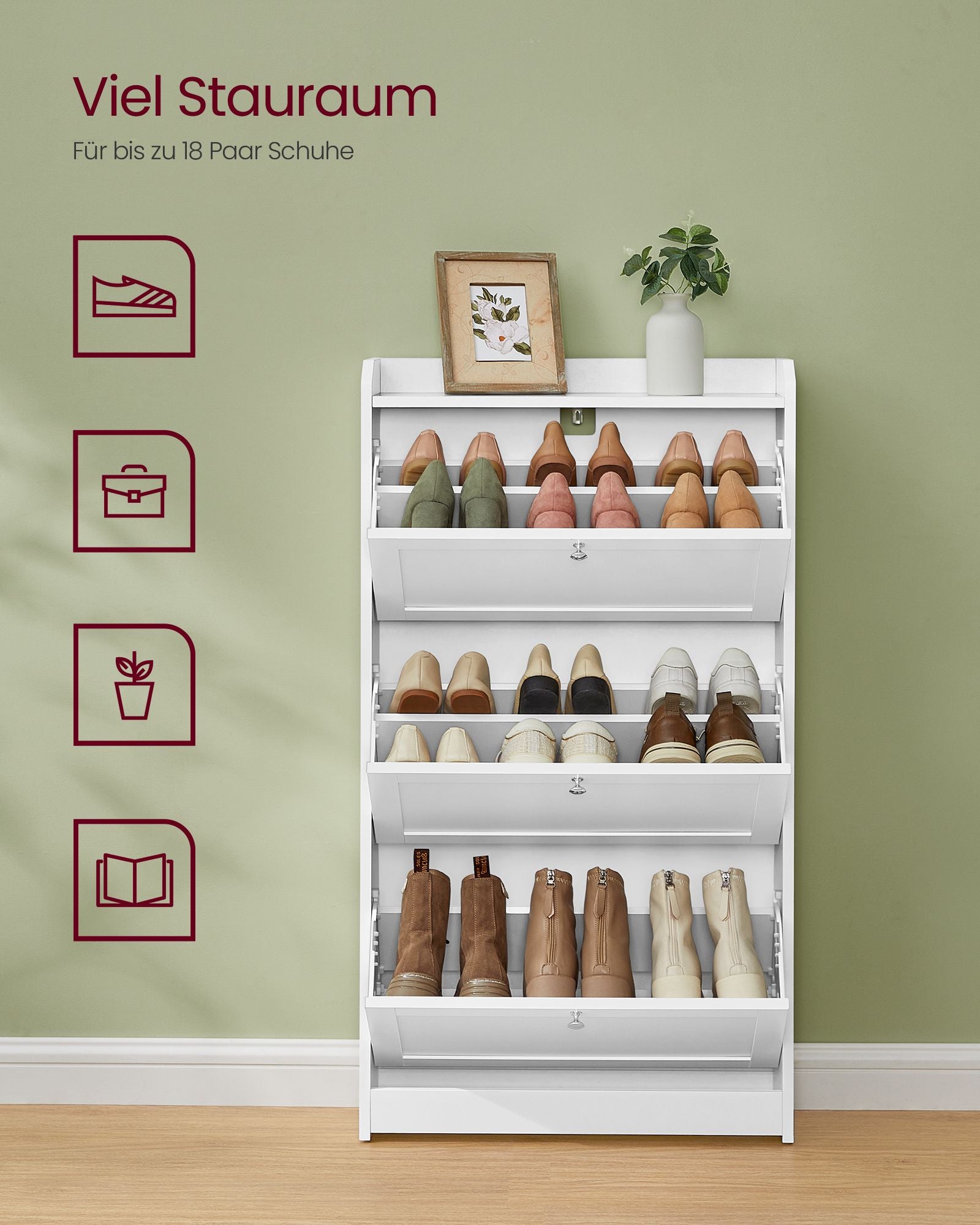 Schuhschrank mit 3 Ventilen für maximal 18 Paar Schuhe, Wolkwit